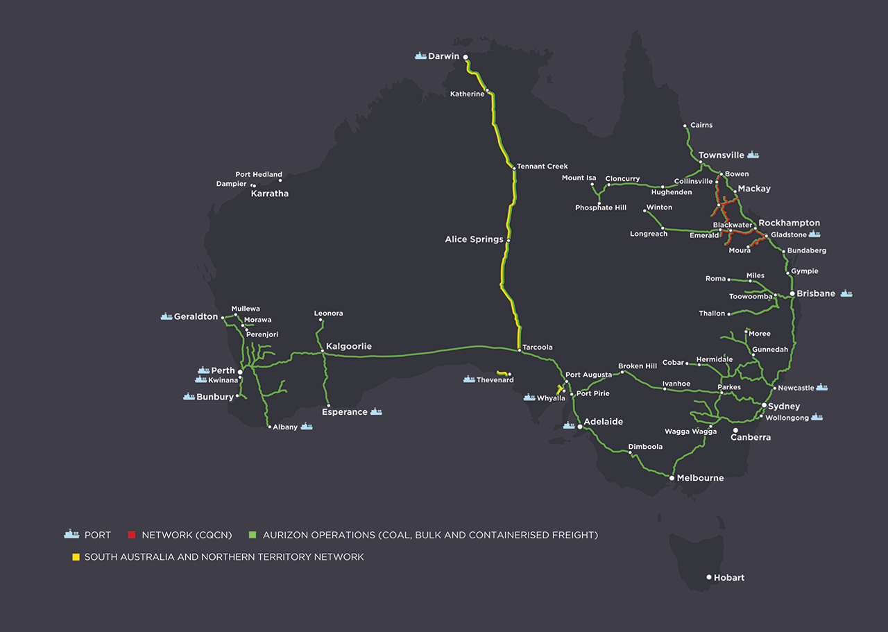 A map of where Aurizon operates in Australia